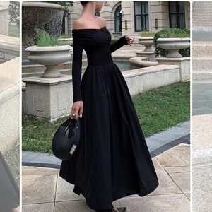 Commense Mixed Media Elegant Off-Shoulder Black Maxi Dress